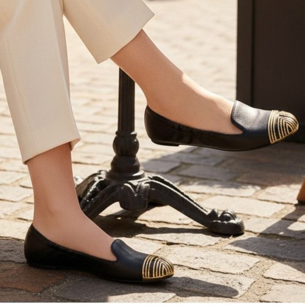 Tory Burch Charlee Black Leather Gold Toe Ballet Flat Shoes Size 7.5 Slip On